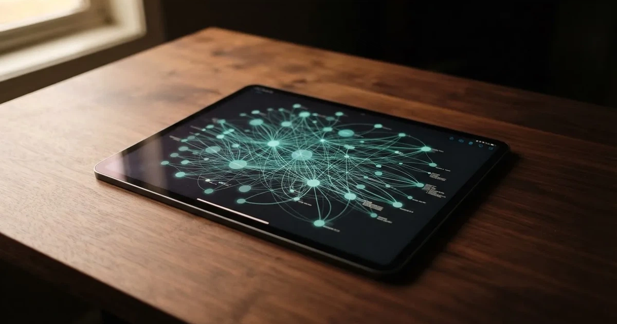 A network of glowing connected nodes displayed on a tablet screen, representing a distributed ledger diagram.