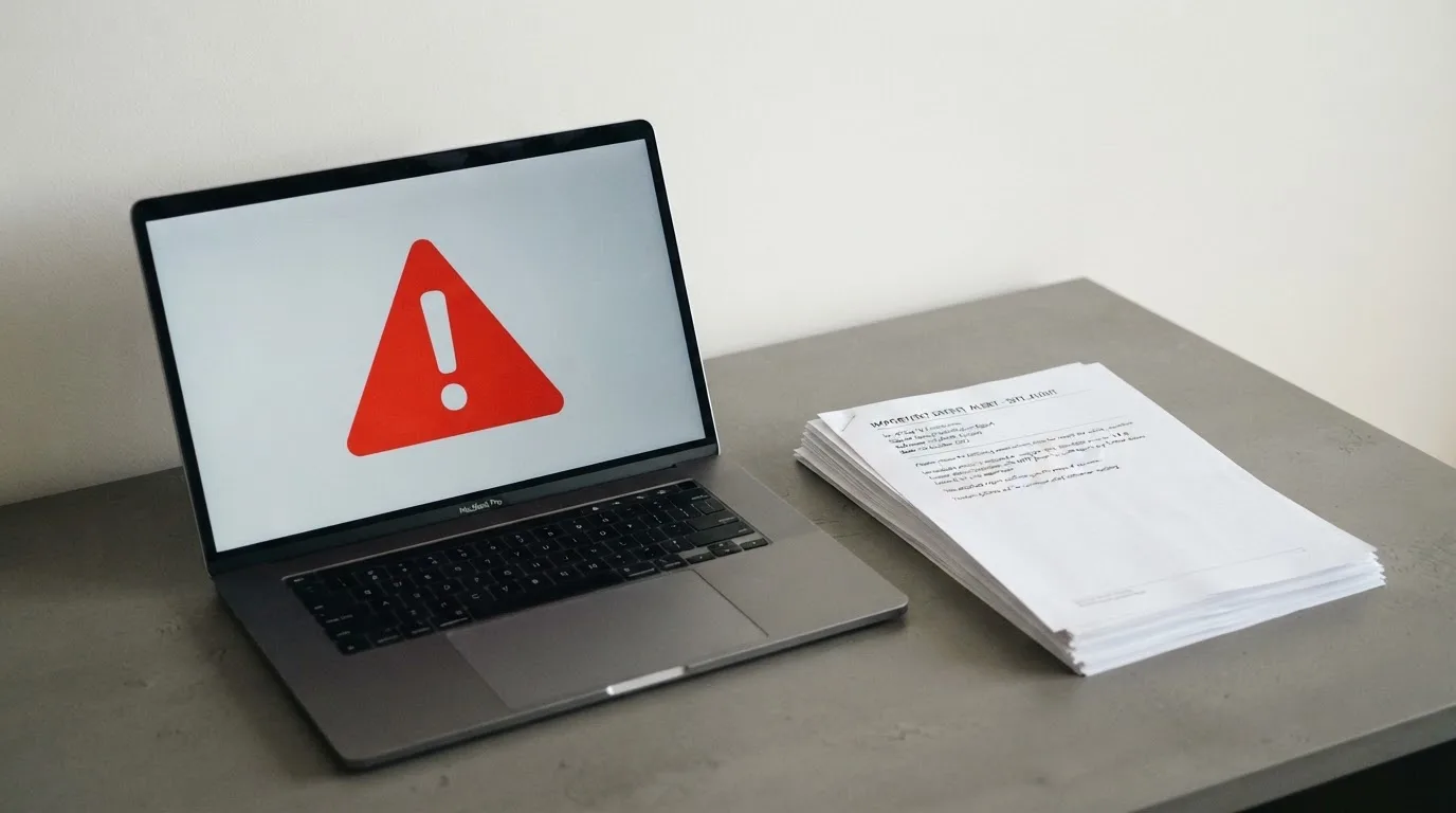 A red triangular warning sign icon on a laptop screen next to a stack of legal papers, symbolising an official caution rather than any specific website.