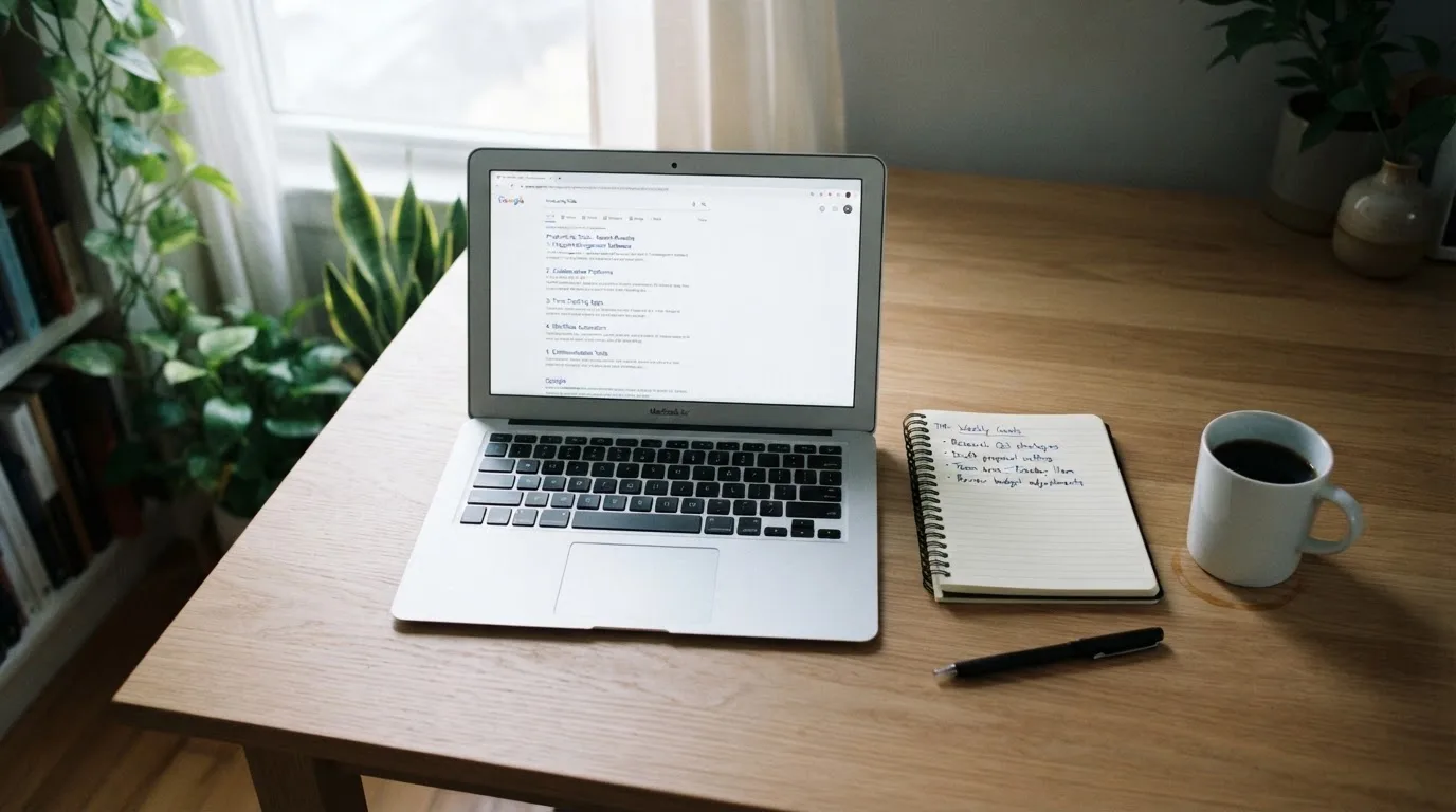 A tidy desk with a laptop open on a plain search-results page, a notebook and a coffee cup beside it, no screens showing any casino branding.