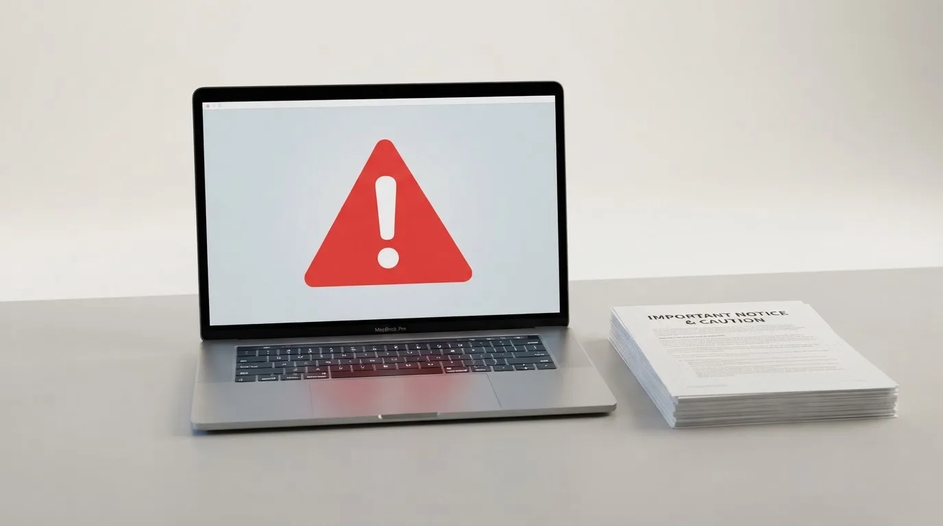 A red triangular warning sign icon on a laptop screen next to a stack of legal papers, symbolising an official caution rather than any specific website.