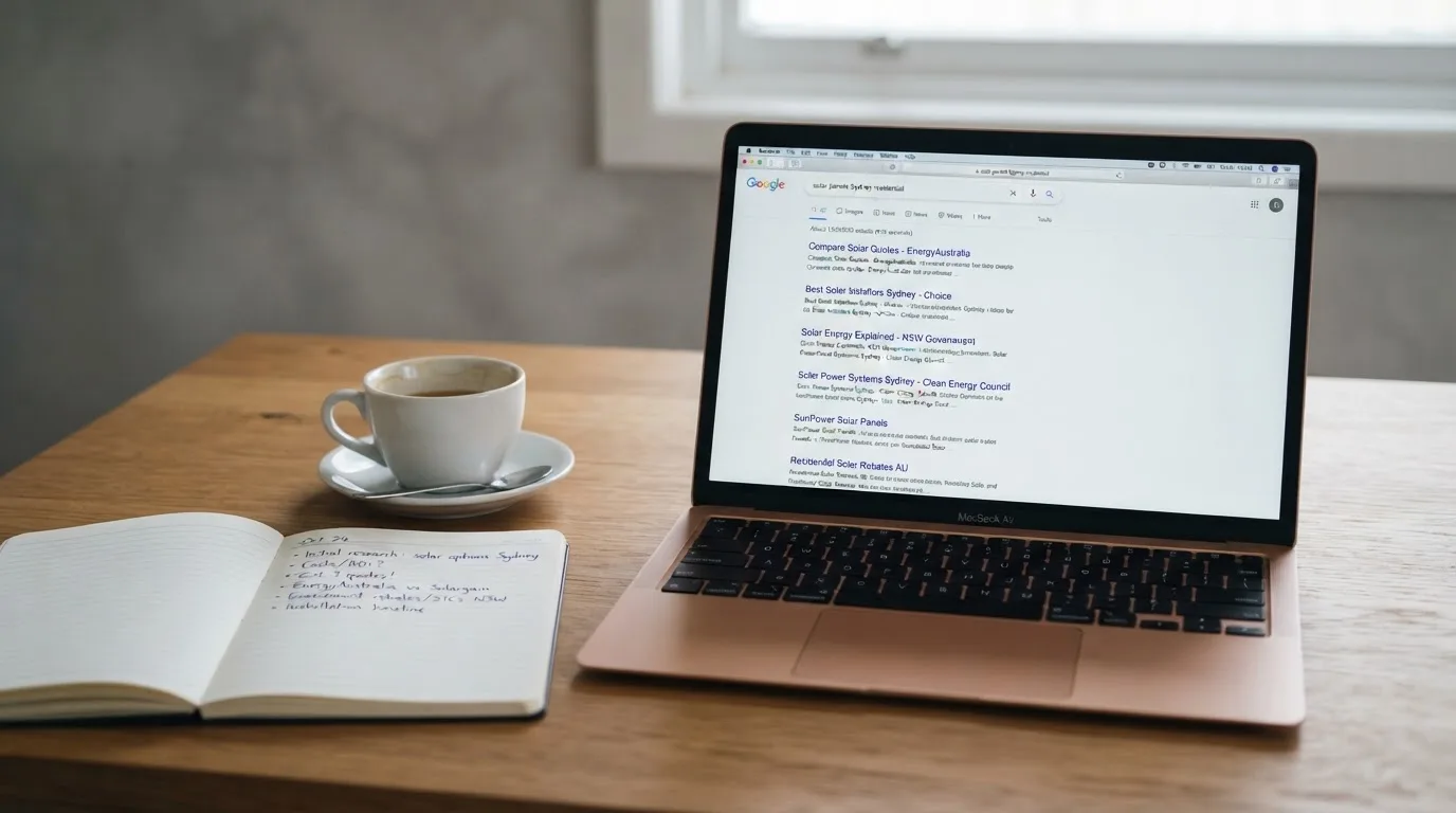 A tidy desk with a laptop open on a plain search-results page, a notebook and a coffee cup beside it, no screens showing any casino branding.