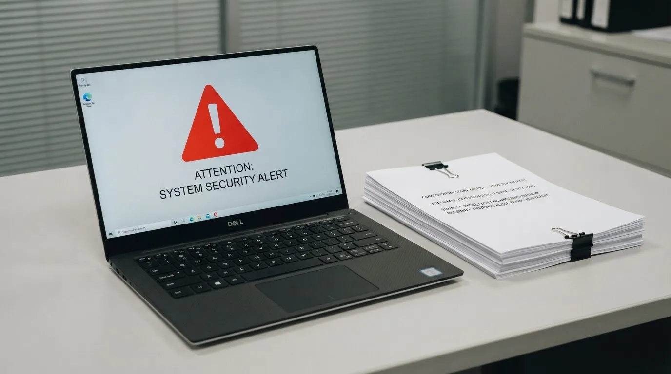 A red triangular warning sign icon on a laptop screen next to a stack of legal papers, symbolising an official caution rather than any specific website.