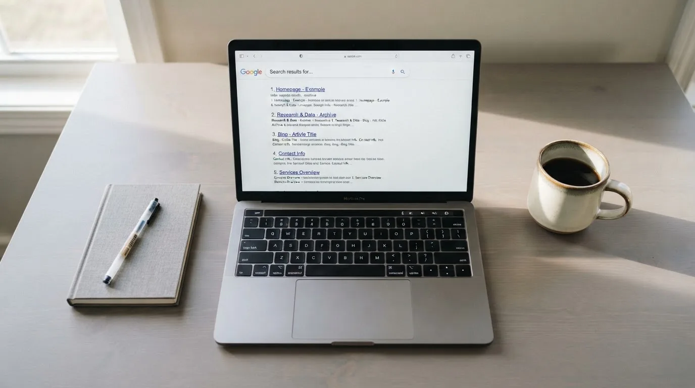 A tidy desk with a laptop open on a plain search-results page, a notebook and a coffee cup beside it, no screens showing any casino branding.