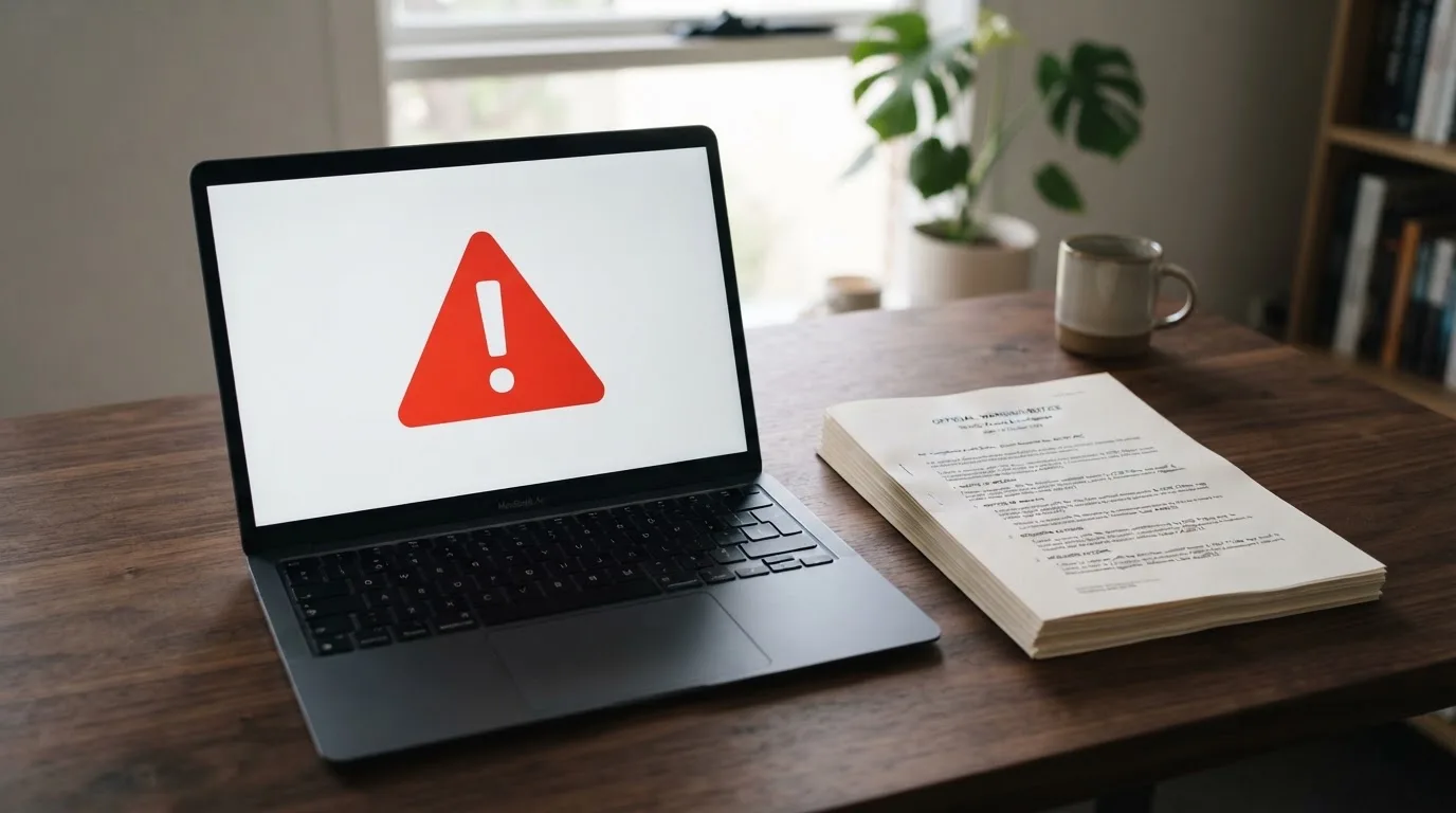 A red triangular warning sign icon on a laptop screen next to a stack of legal papers, symbolising an official caution rather than any specific website.