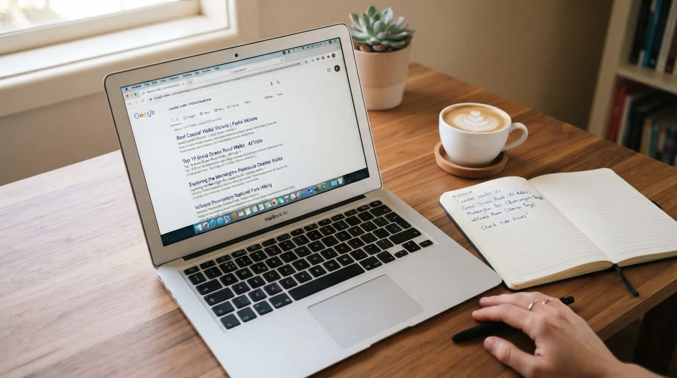 A tidy desk with a laptop open on a plain search-results page, a notebook and a coffee cup beside it, no screens showing any casino branding.