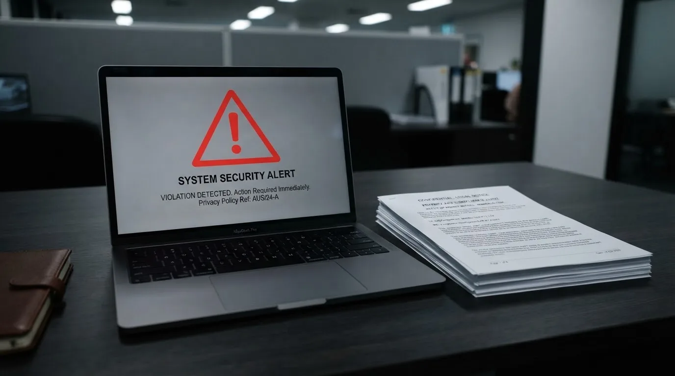 A red triangular warning sign icon on a laptop screen next to a stack of legal papers, symbolising an official caution rather than any specific website.