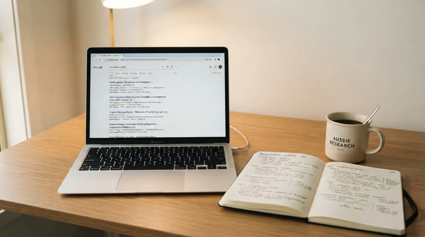 A tidy desk with a laptop open on a plain search-results page, a notebook and a coffee cup beside it, no screens showing any casino branding.