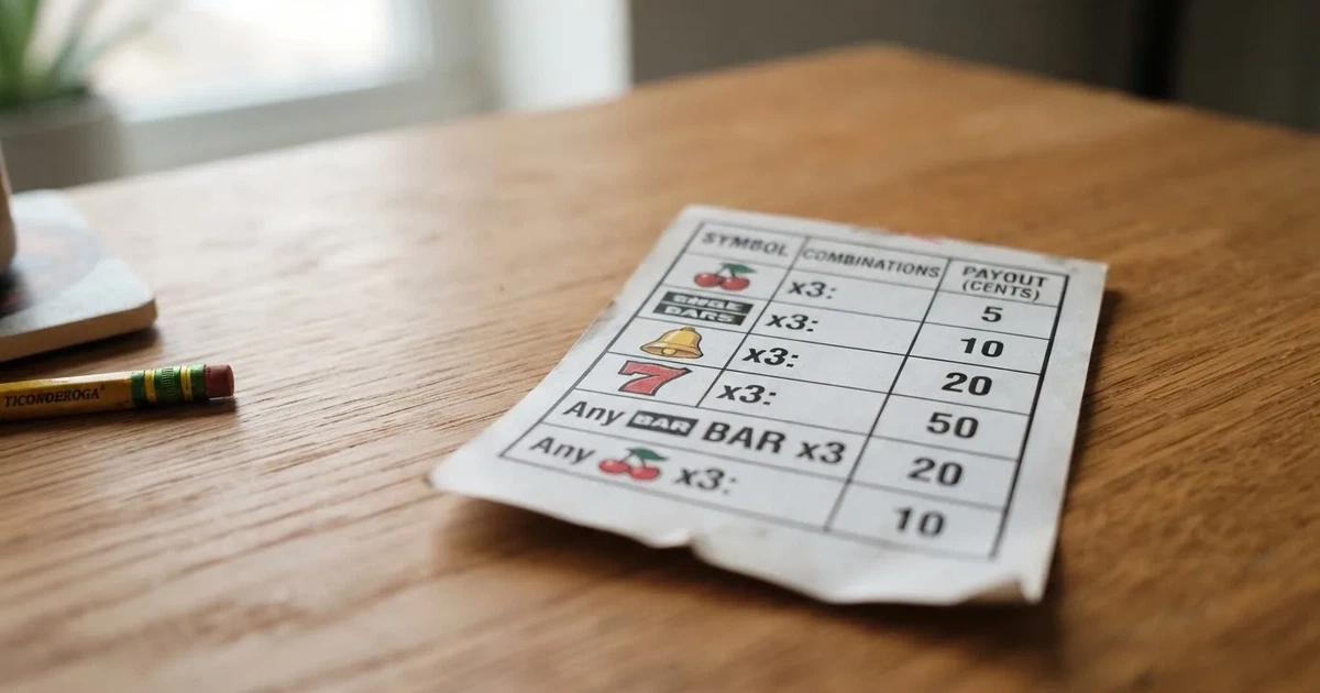 A printed strip of generic slot symbols and payout numbers laid on a desk, like a reference chart rather than a live game.