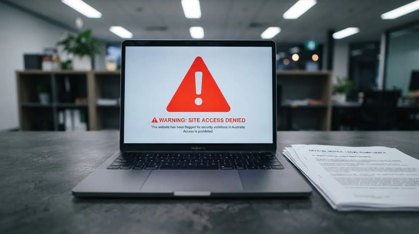 A red triangular warning sign icon on a laptop screen next to a stack of legal papers, symbolising an official caution rather than any specific website.
