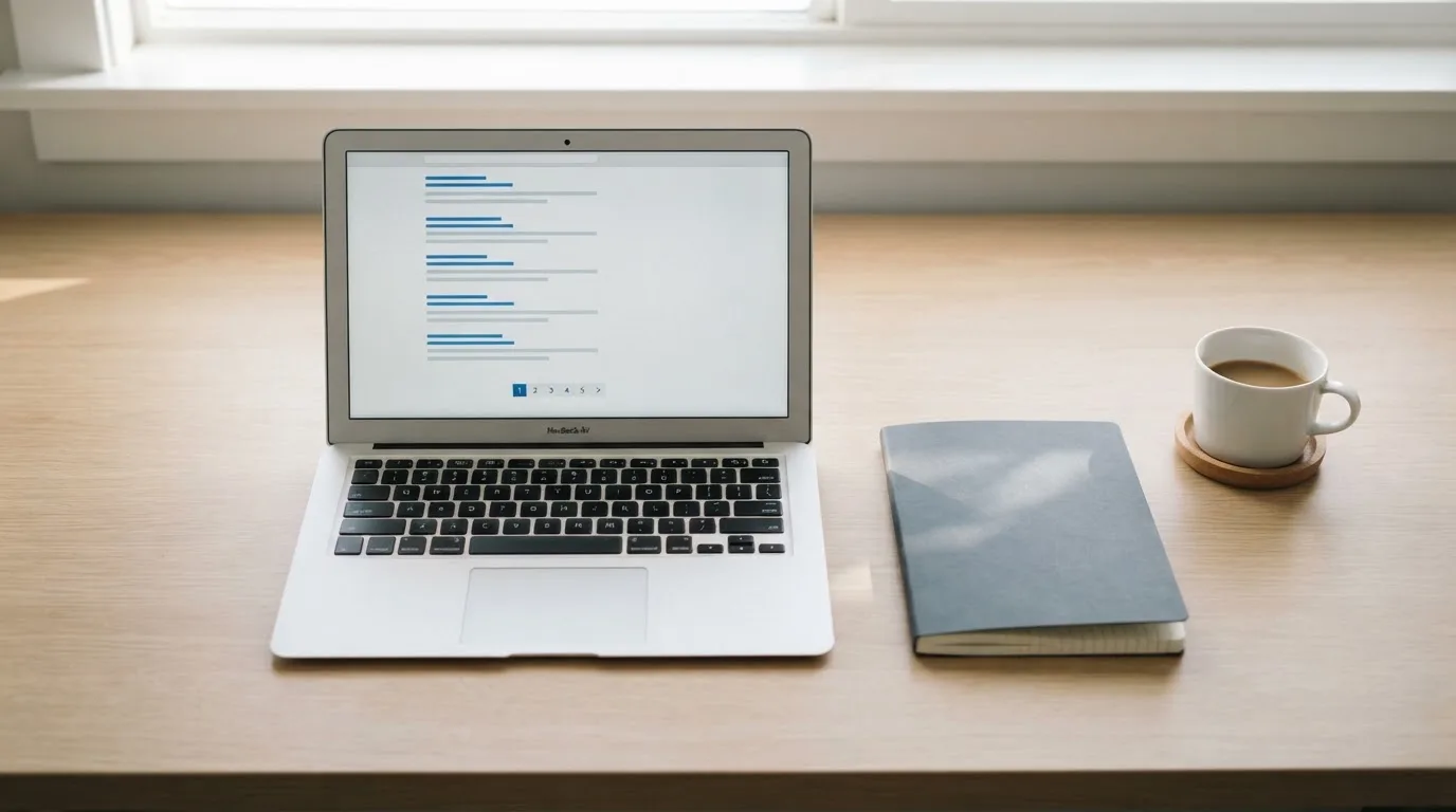 A tidy desk with a laptop open on a plain search-results page, a notebook and a coffee cup beside it, no screens showing any casino branding.