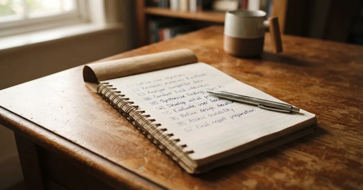 A notepad with a numbered list of blank lines and checkboxes, pen resting on top, suggesting a comparison in progress.