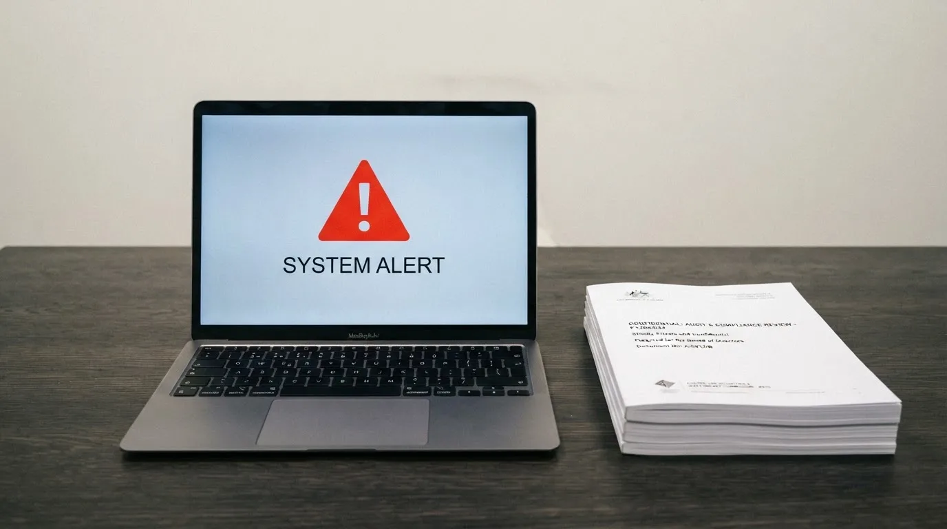 A red triangular warning sign icon on a laptop screen next to a stack of legal papers, symbolising an official caution rather than any specific website.