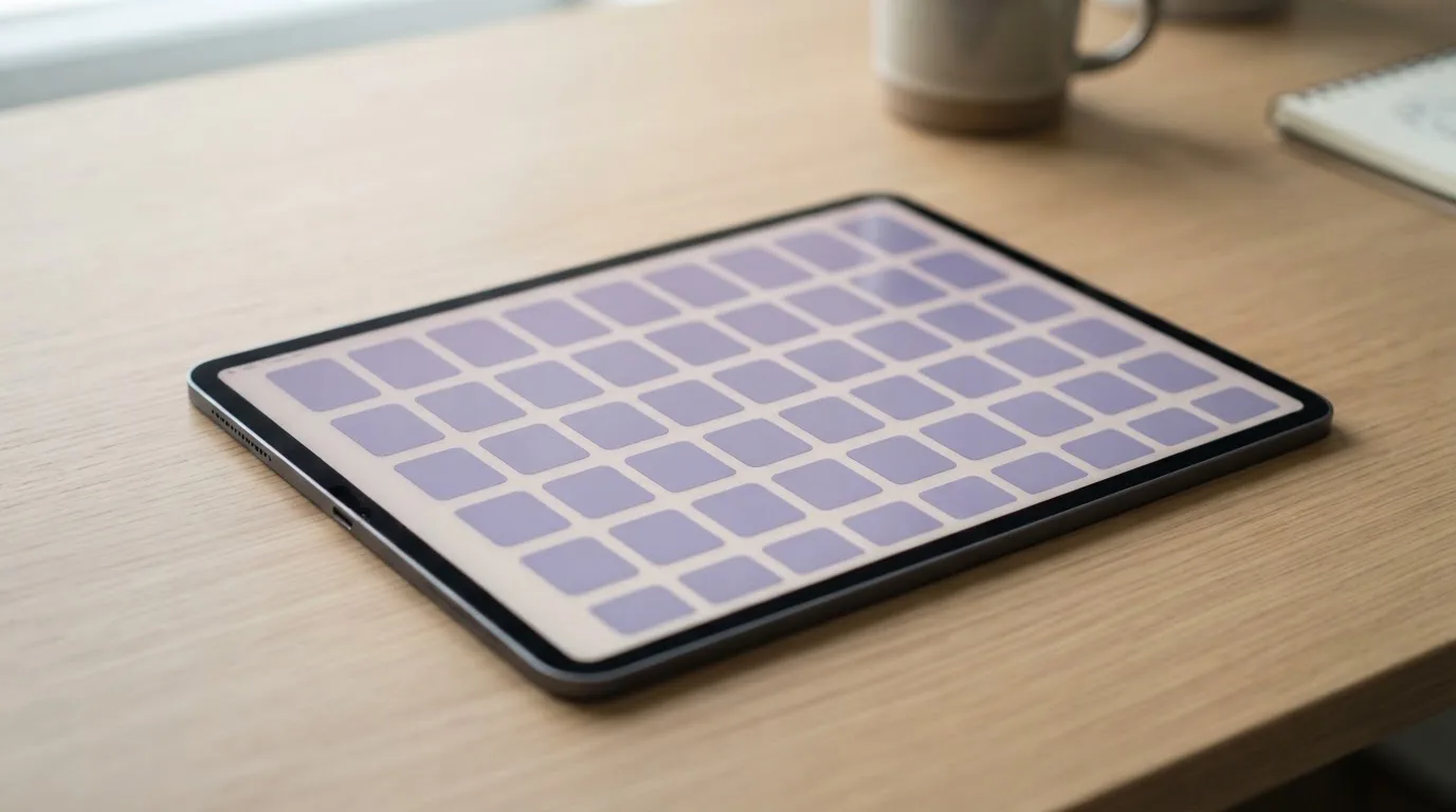 A row of blank game-tile placeholders arranged in a grid on a tablet screen, like an empty library shelf.