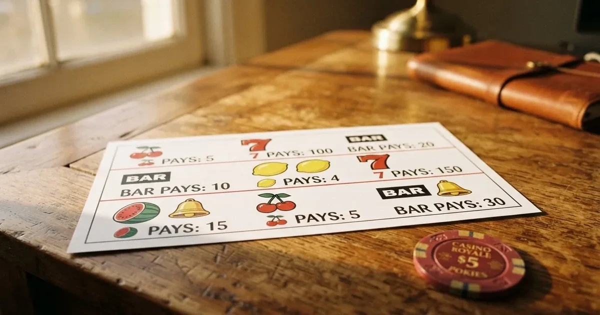 A printed strip of generic slot symbols and payout numbers, serving as a reference chart for common game combinations.