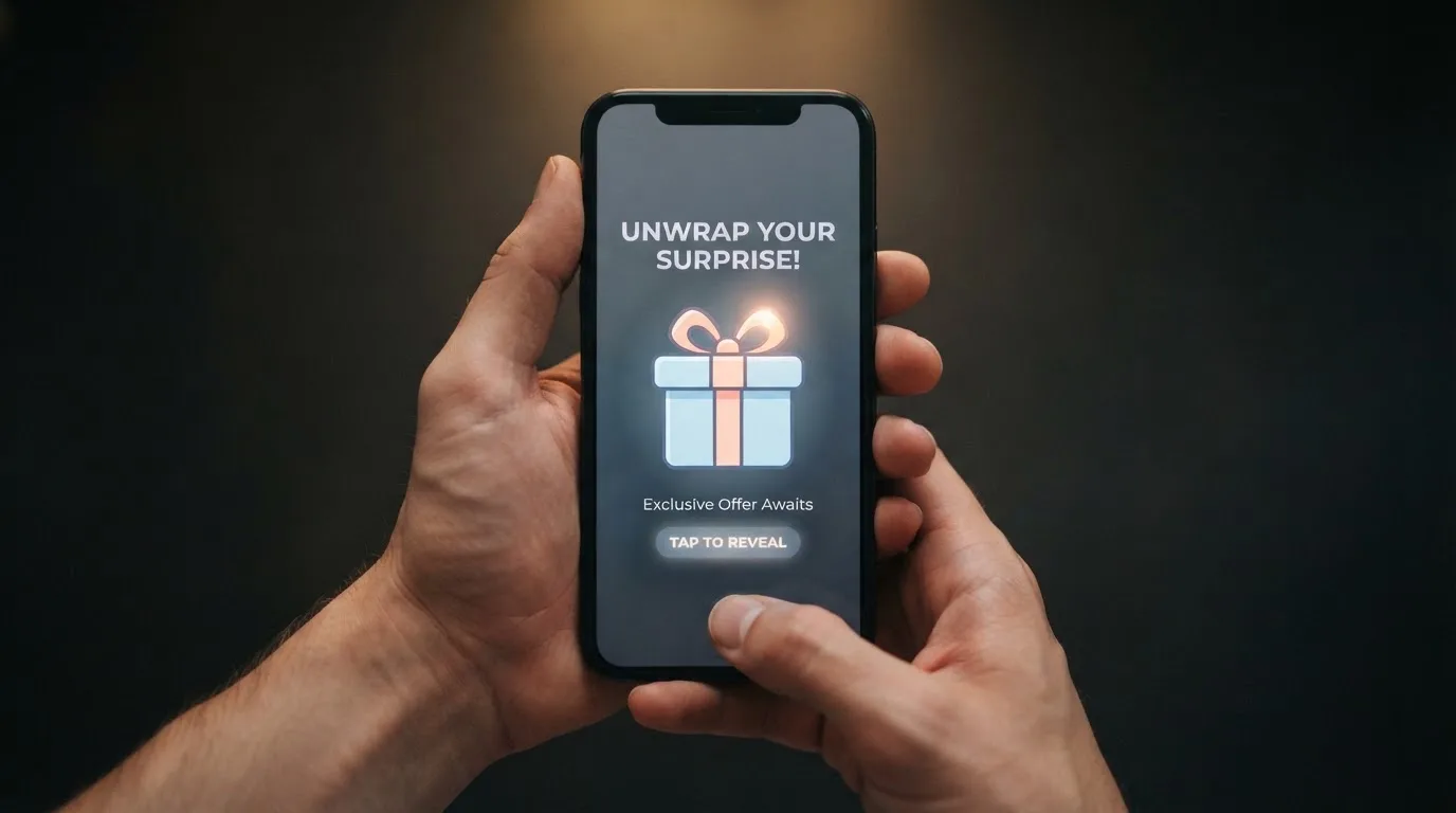 A gift box icon glowing on a phone screen, held at arm's length, suggesting an unopened offer rather than an active game.