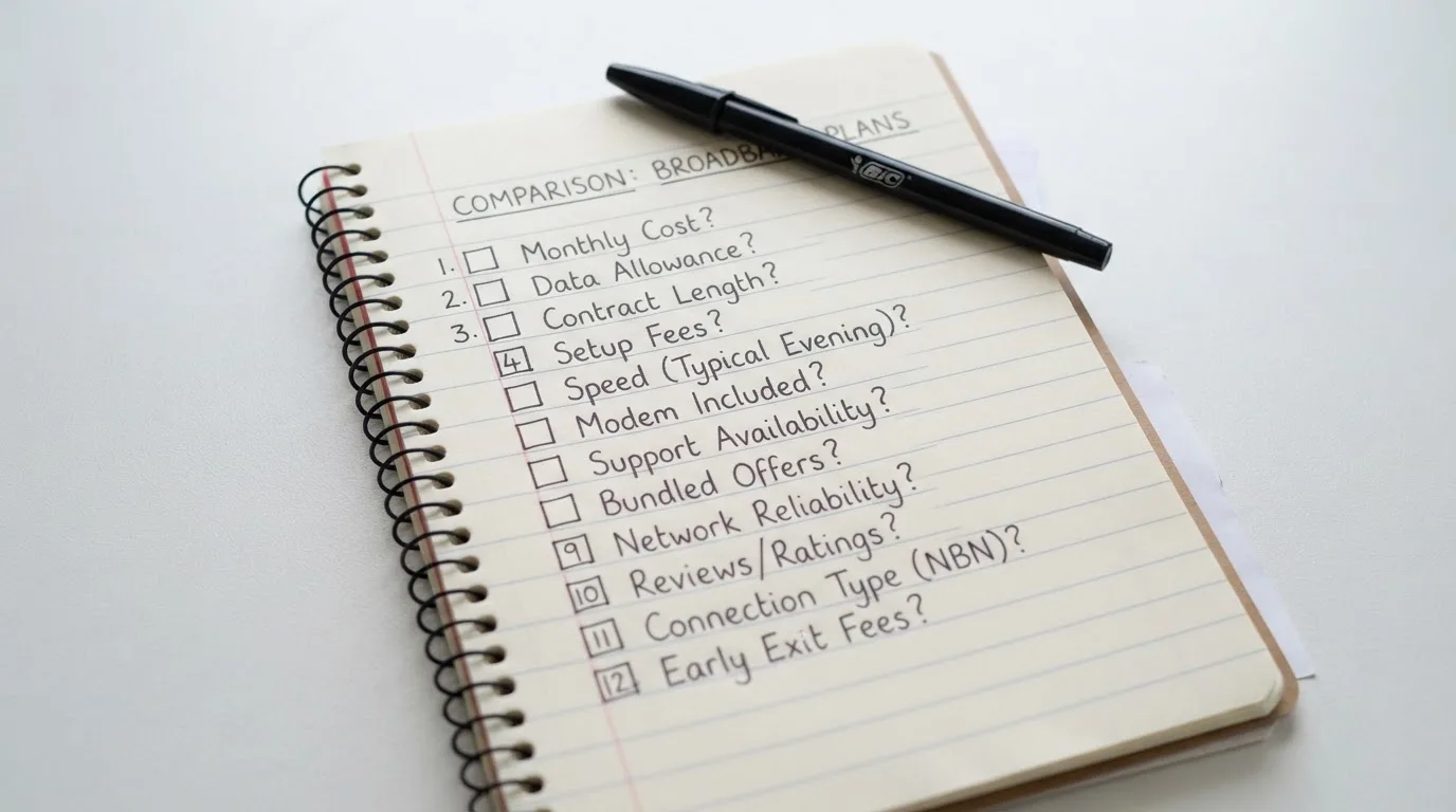A notepad with a numbered list of blank lines and checkboxes, pen resting on top, suggesting a comparison in progress.