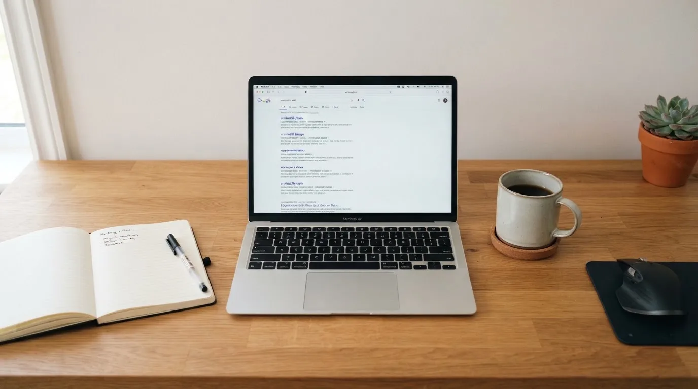 A tidy desk with a laptop open on a plain search-results page, a notebook and a coffee cup beside it, no screens showing any casino branding.