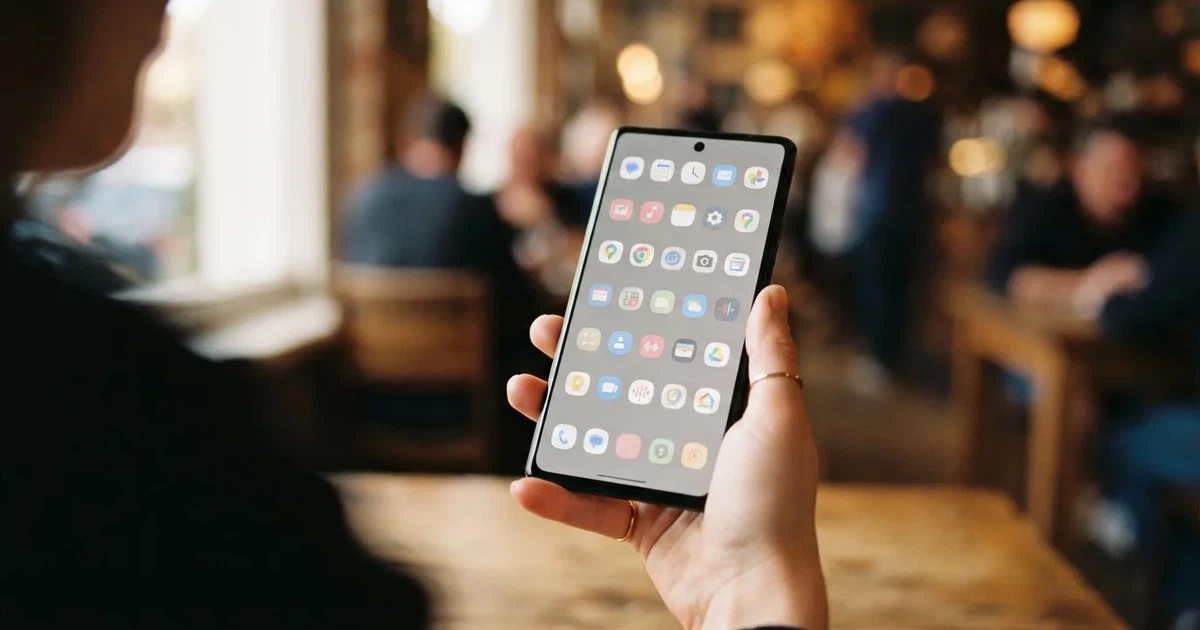 A hand tapping a smartphone screen showing generic app icons, none of them branded.