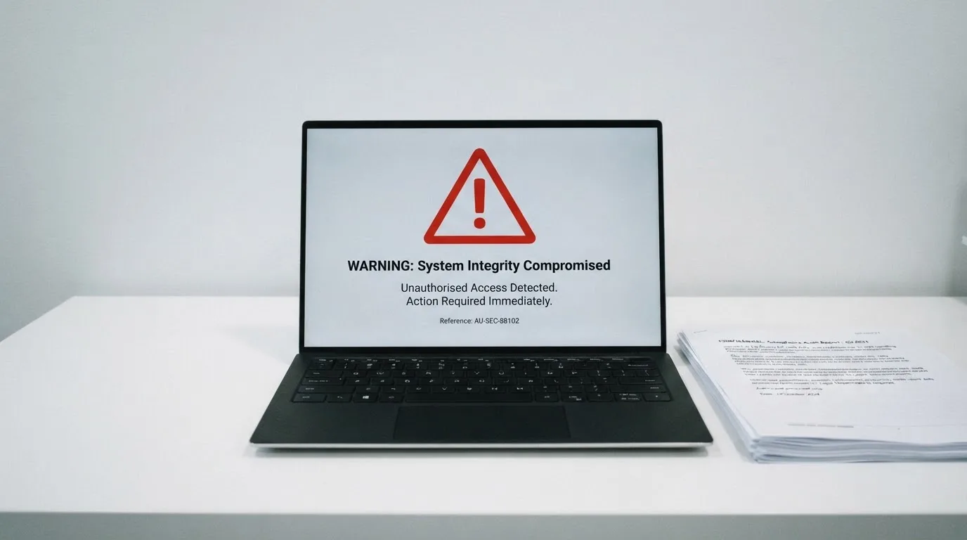 A red triangular warning sign icon on a laptop screen next to a stack of legal papers, symbolising an official caution rather than any specific website.