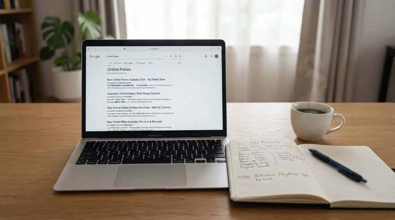 A tidy desk with a laptop open on a plain search-results page, a notebook and a coffee cup beside it, no screens showing any casino branding.