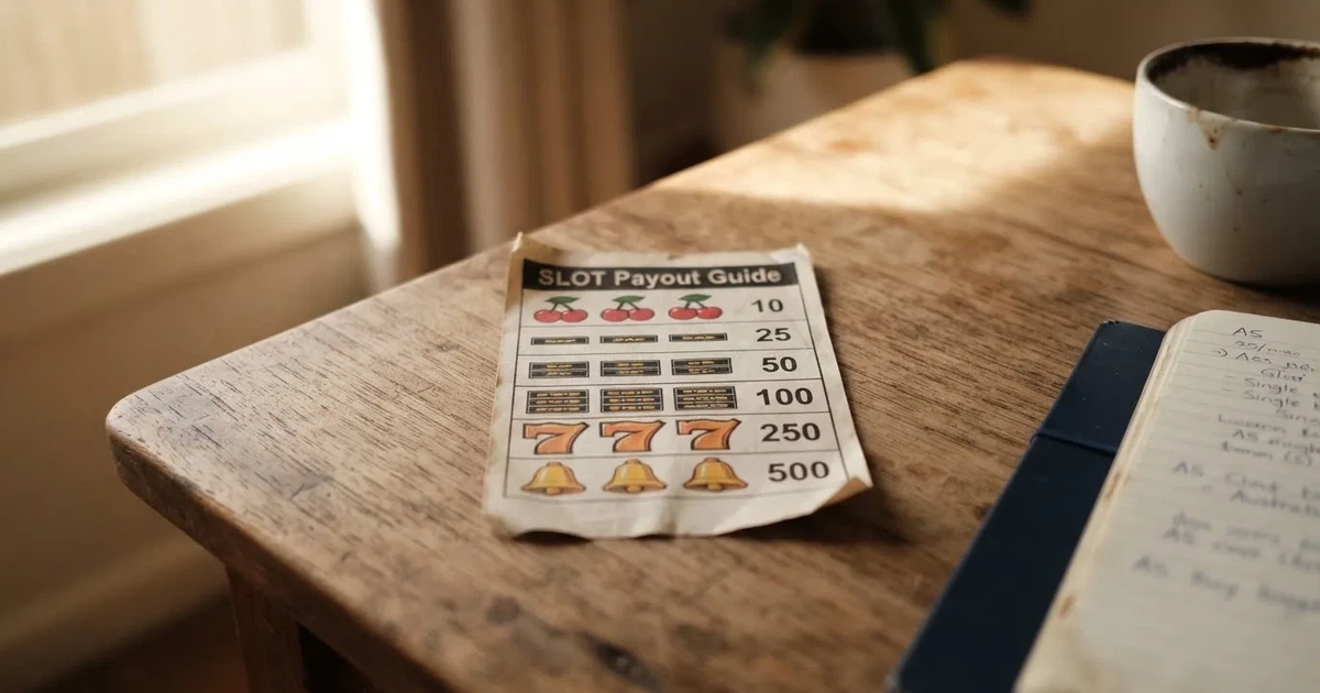 A printed strip of generic slot symbols and payout numbers laid on a desk, like a reference chart rather than a live game.