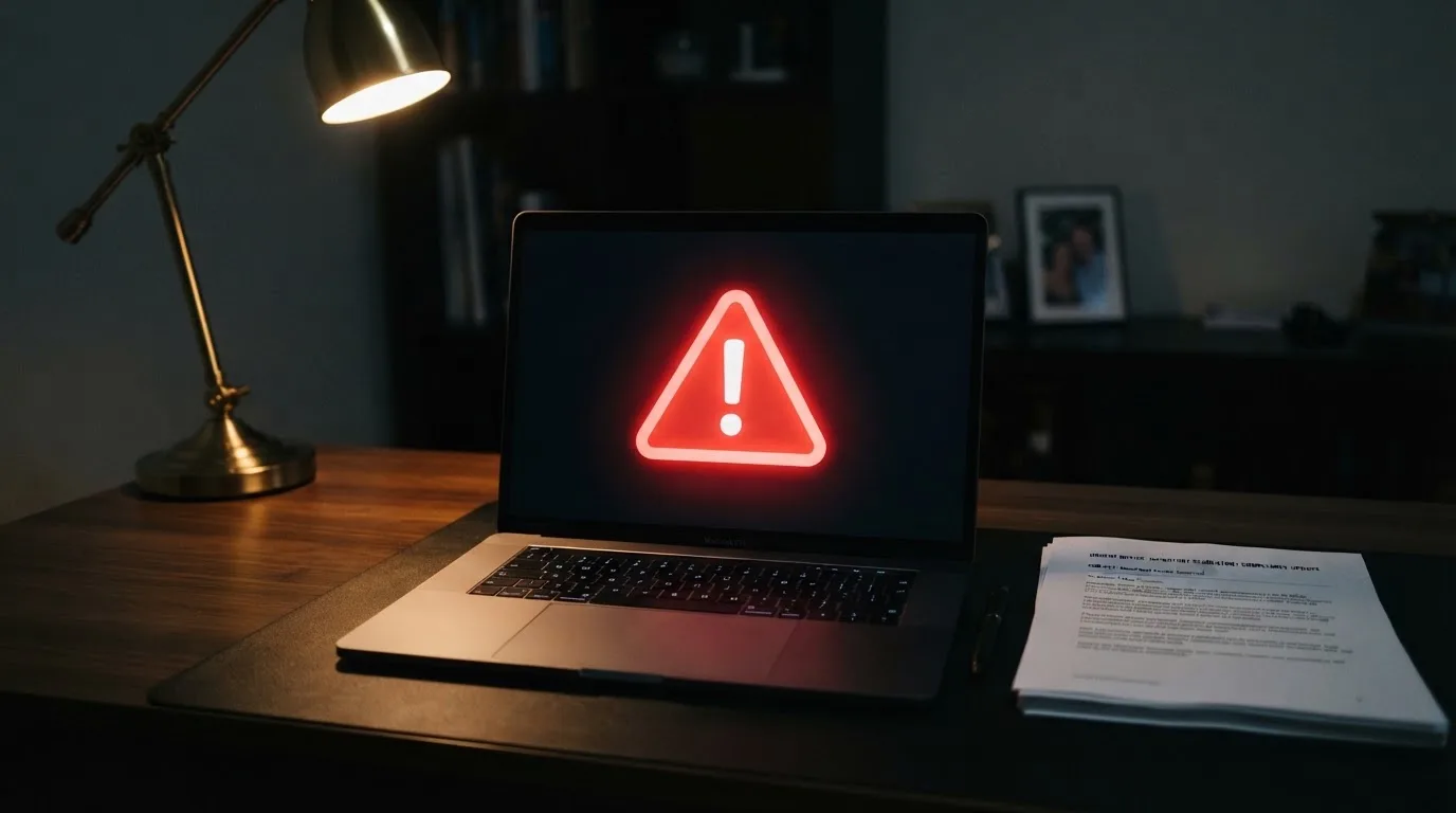 A red triangular warning sign icon on a laptop screen next to a stack of legal papers, symbolising an official caution rather than any specific website.
