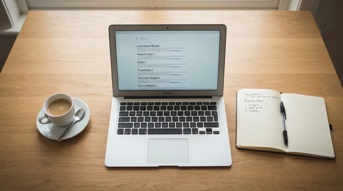 A tidy desk with a laptop open on a plain search-results page, a notebook and a coffee cup beside it, no screens showing any casino branding.