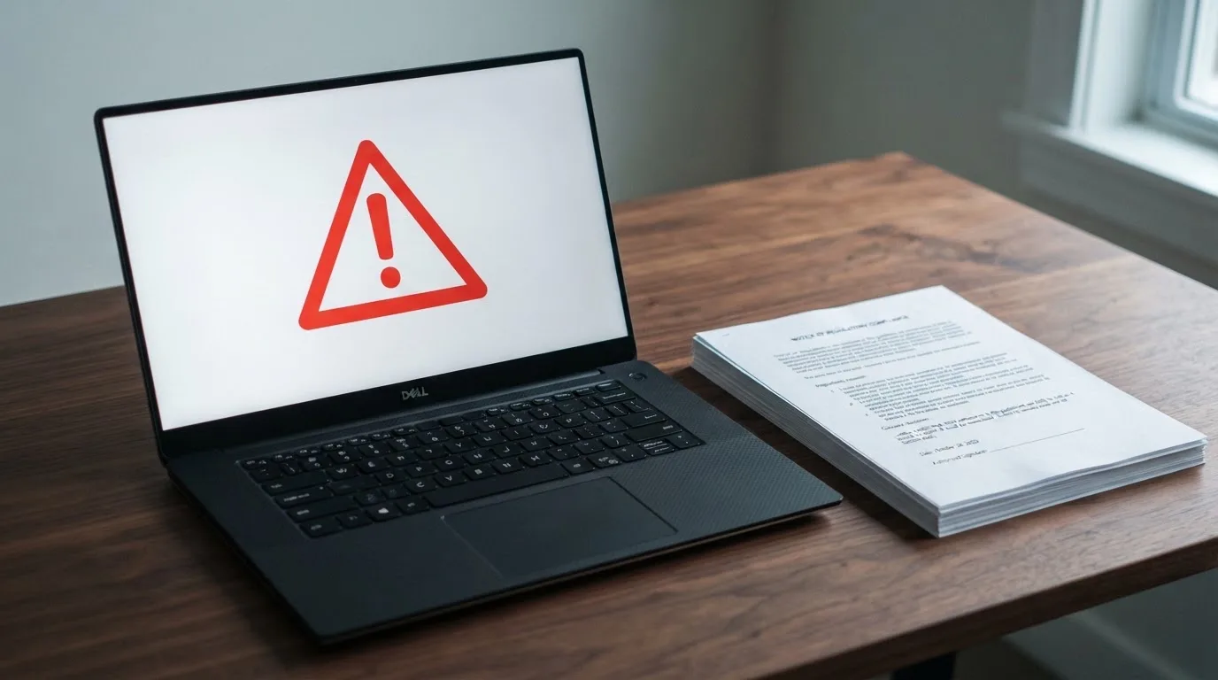 A red triangular warning sign icon on a laptop screen next to a stack of legal papers, symbolising an official caution rather than any specific website.