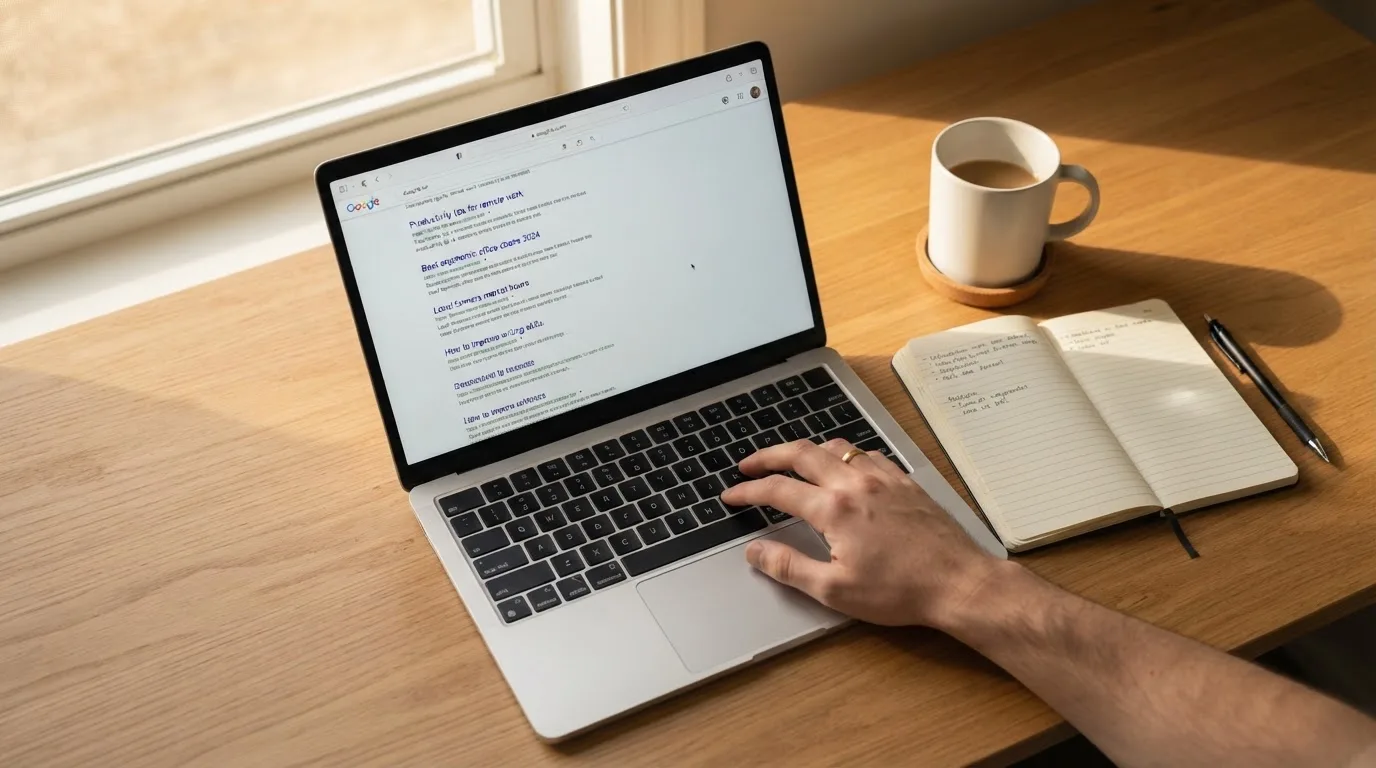 A tidy desk with a laptop open on a plain search-results page, a notebook and a coffee cup beside it, no screens showing any casino branding.