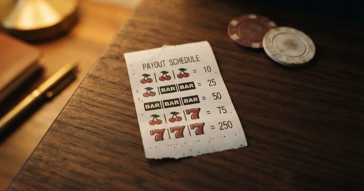 A printed strip of generic slot symbols and payout numbers laid on a desk, like a reference chart rather than a live game.