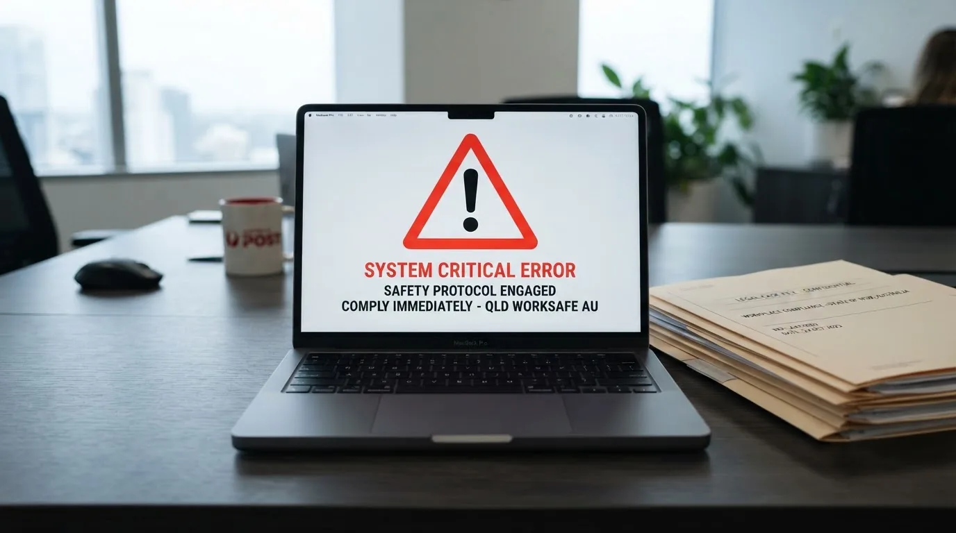 A red triangular warning sign icon on a laptop screen next to a stack of legal papers, symbolising an official caution rather than any specific website.
