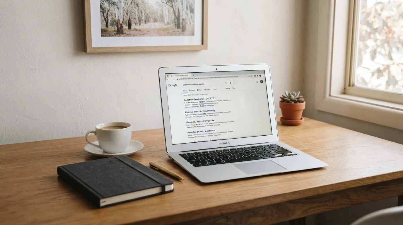 A tidy desk with a laptop open on a plain search-results page, a notebook and a coffee cup beside it, no screens showing any casino branding.