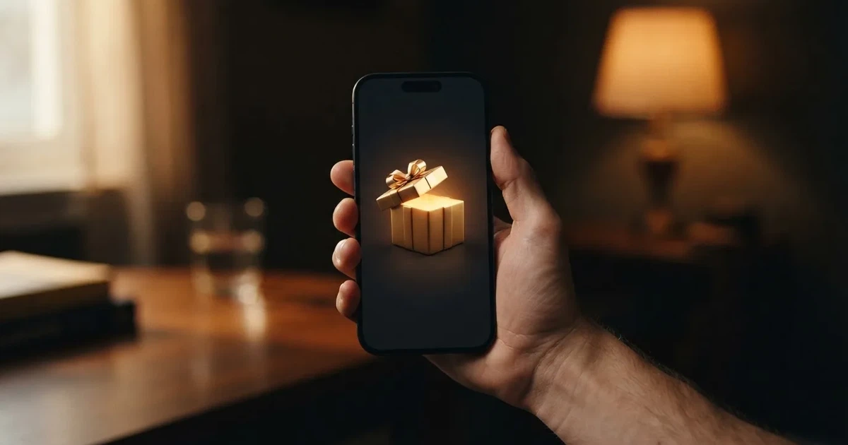 A gift box icon glowing on a phone screen, held at arm's length, suggesting an unopened offer rather than an active game.