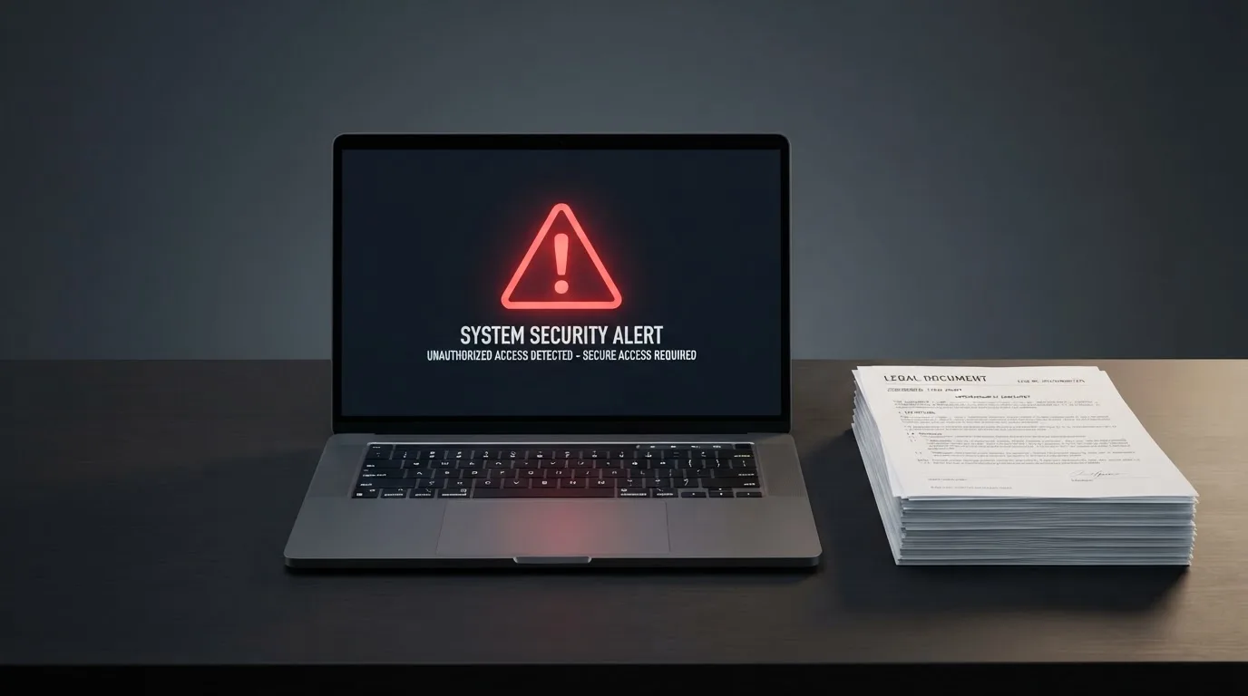 A red triangular warning sign icon on a laptop screen next to a stack of legal papers, symbolising an official caution rather than any specific website.