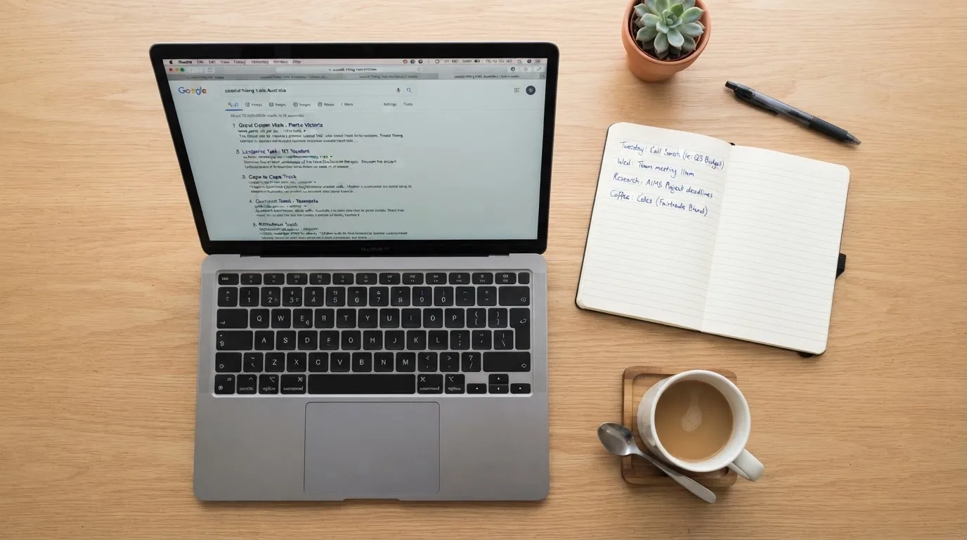 A tidy desk with a laptop open on a plain search-results page, a notebook and a coffee cup beside it, no screens showing any casino branding.