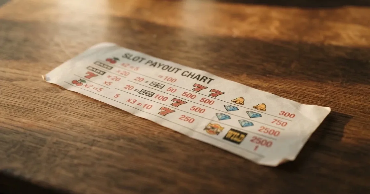 A printed strip of generic slot symbols and payout numbers laid on a desk, like a reference chart rather than a live game.