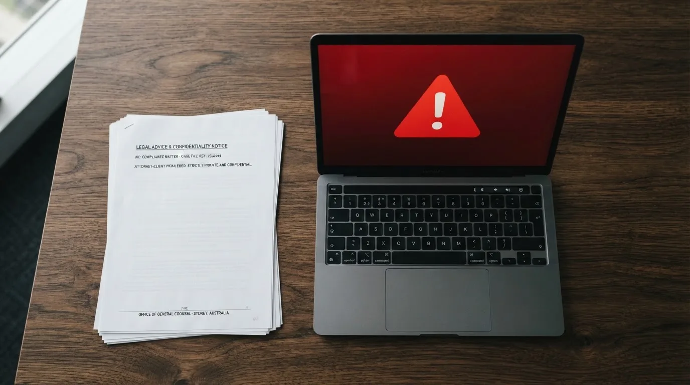 A red triangular warning sign icon on a laptop screen next to a stack of legal papers, symbolising an official caution rather than any specific website.