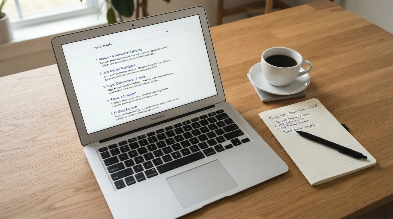 A tidy desk with a laptop open on a plain search-results page, a notebook and a coffee cup beside it, no screens showing any casino branding.