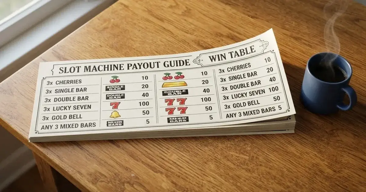 A printed strip of generic slot symbols and payout numbers laid on a desk, like a reference chart rather than a live game.