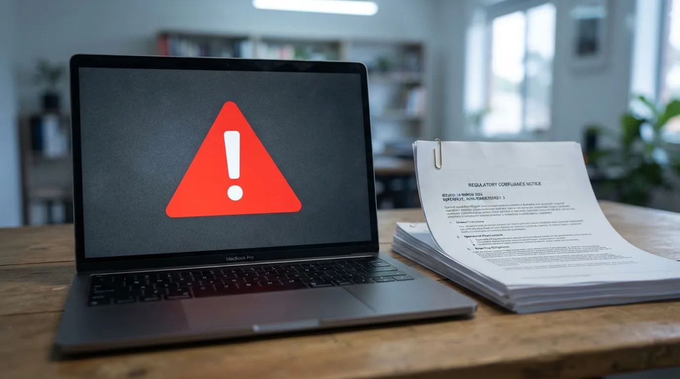 A red triangular warning sign icon on a laptop screen next to a stack of legal papers, symbolising an official caution rather than any specific website.