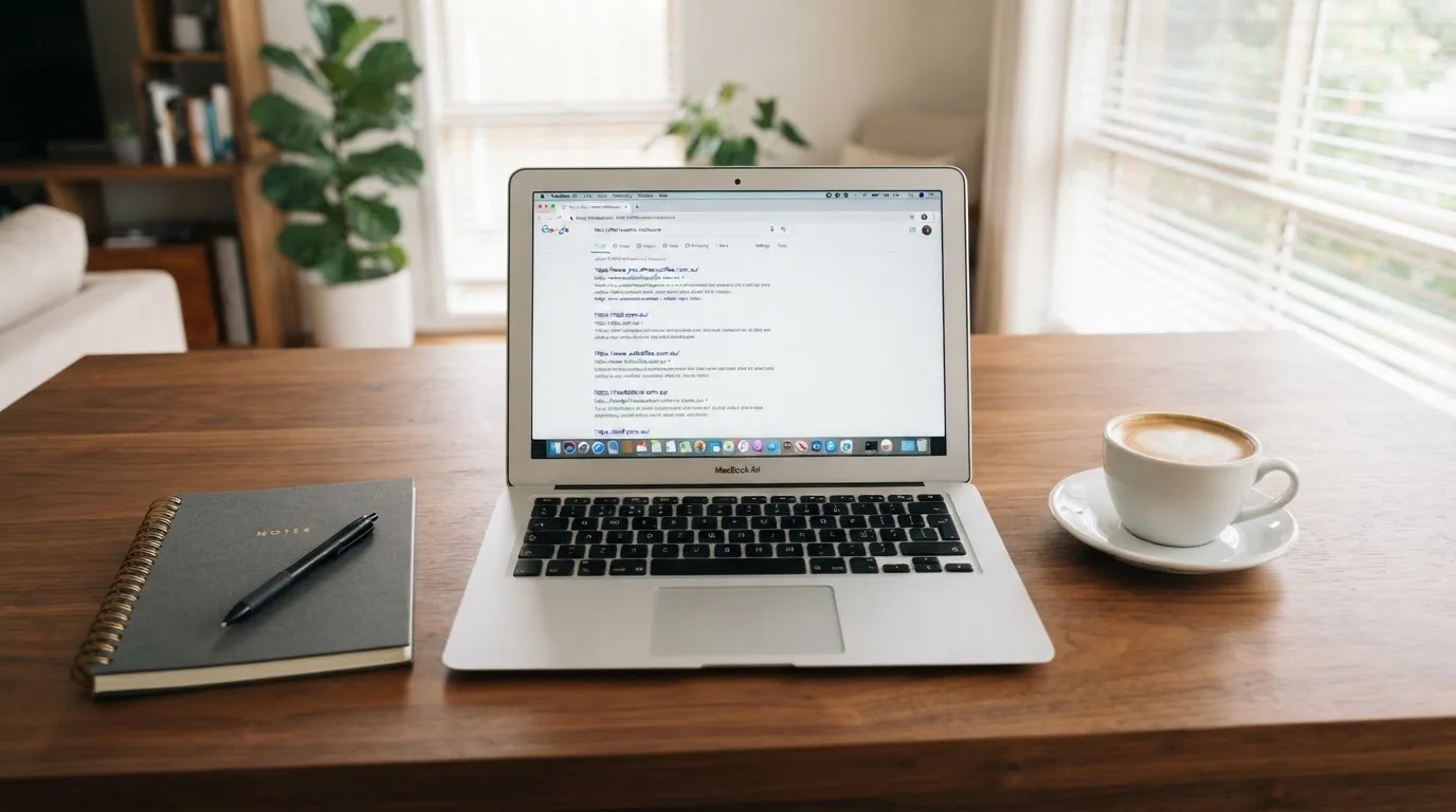 A tidy desk with a laptop open on a plain search-results page, a notebook and a coffee cup beside it, no screens showing any casino branding.
