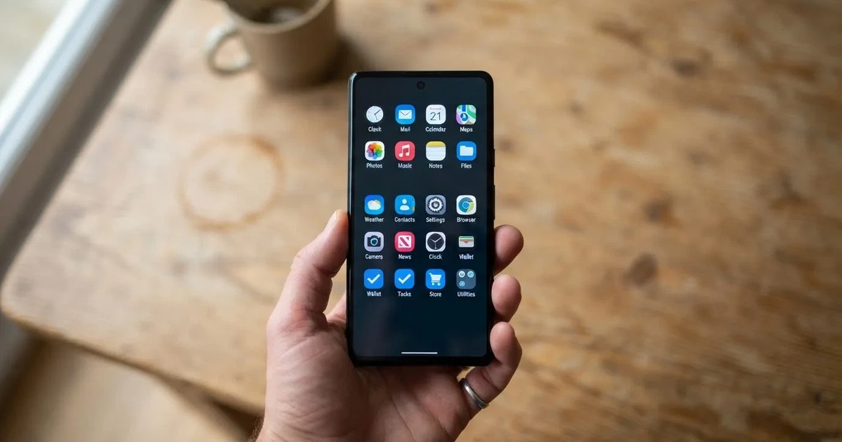 A hand tapping a smartphone screen showing generic app icons, none of them branded.
