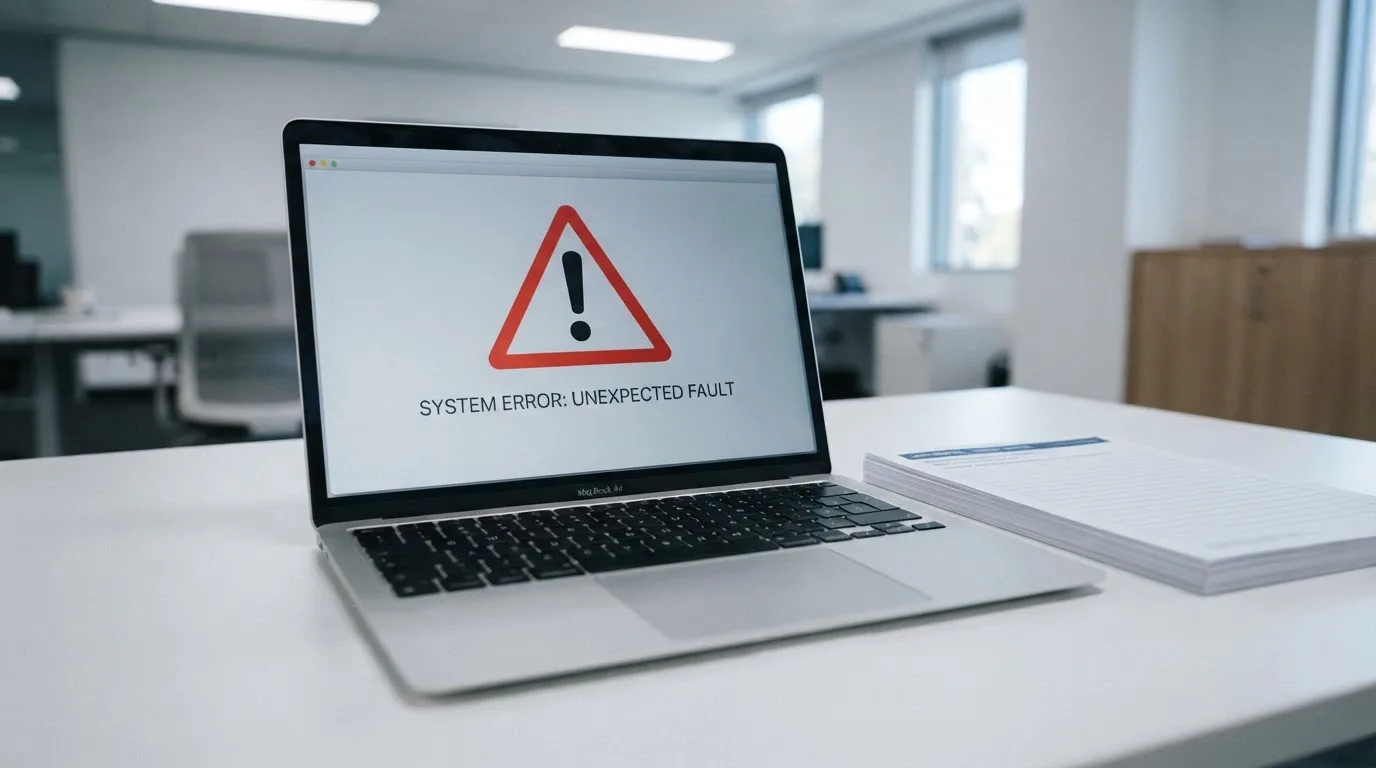 A red triangular warning sign icon on a laptop screen next to a stack of legal papers, symbolising an official caution rather than any specific website.