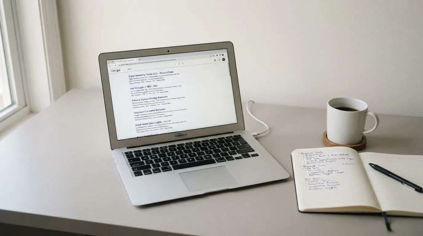 A tidy desk with a laptop open on a plain search-results page, a notebook and a coffee cup beside it, no screens showing any casino branding.