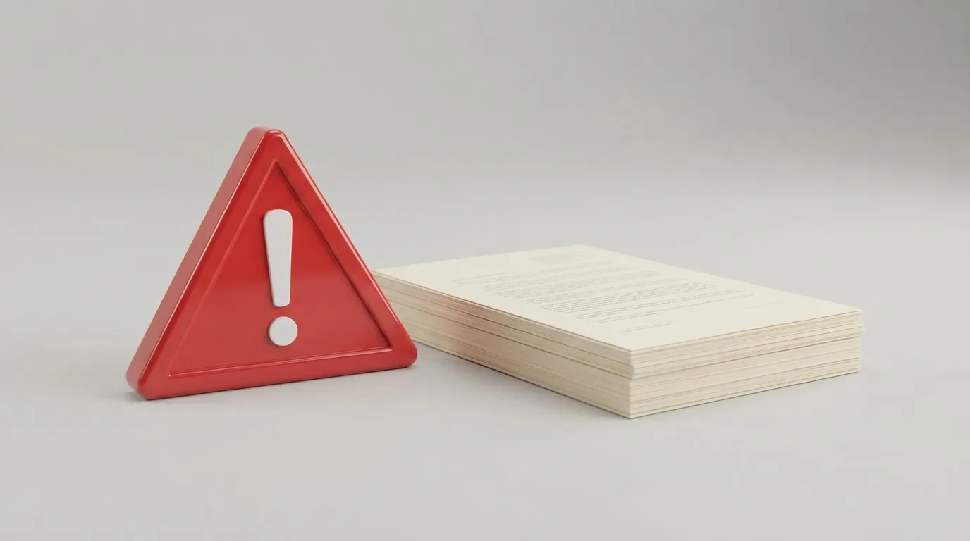 A red triangular warning sign icon on a laptop screen next to a stack of legal papers, symbolising an official caution rather than any specific website.