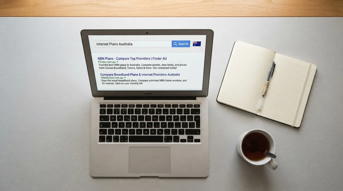 A tidy desk with a laptop open on a plain search-results page, a notebook and a coffee cup beside it, no screens showing any casino branding.