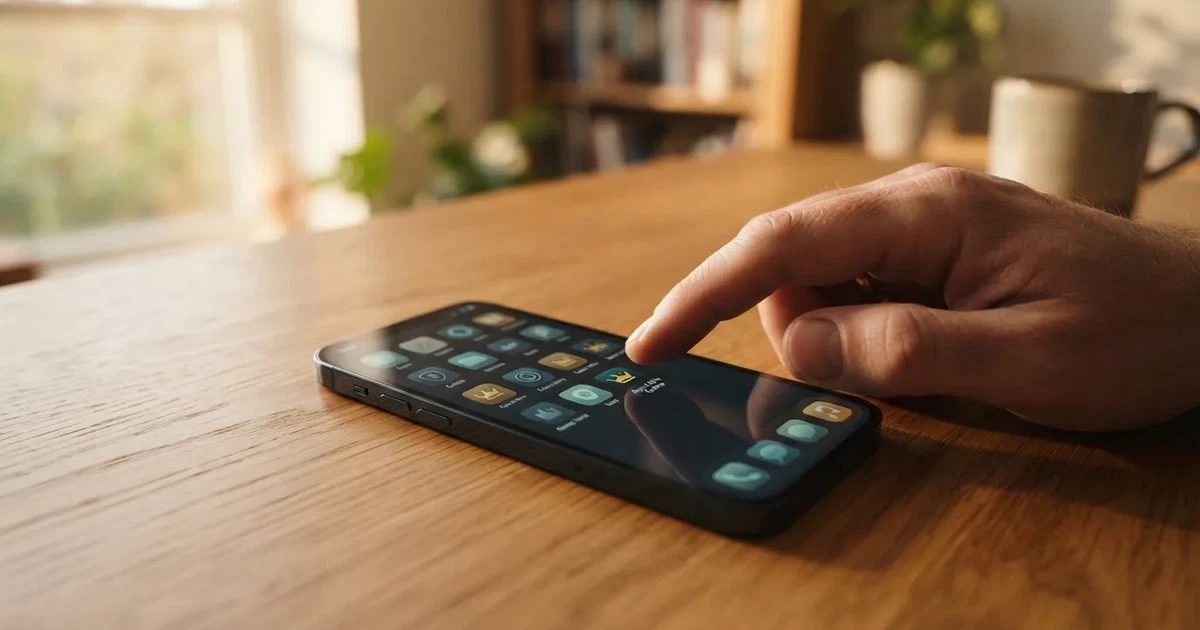 A hand tapping a smartphone screen showing generic app icons, none of them branded.