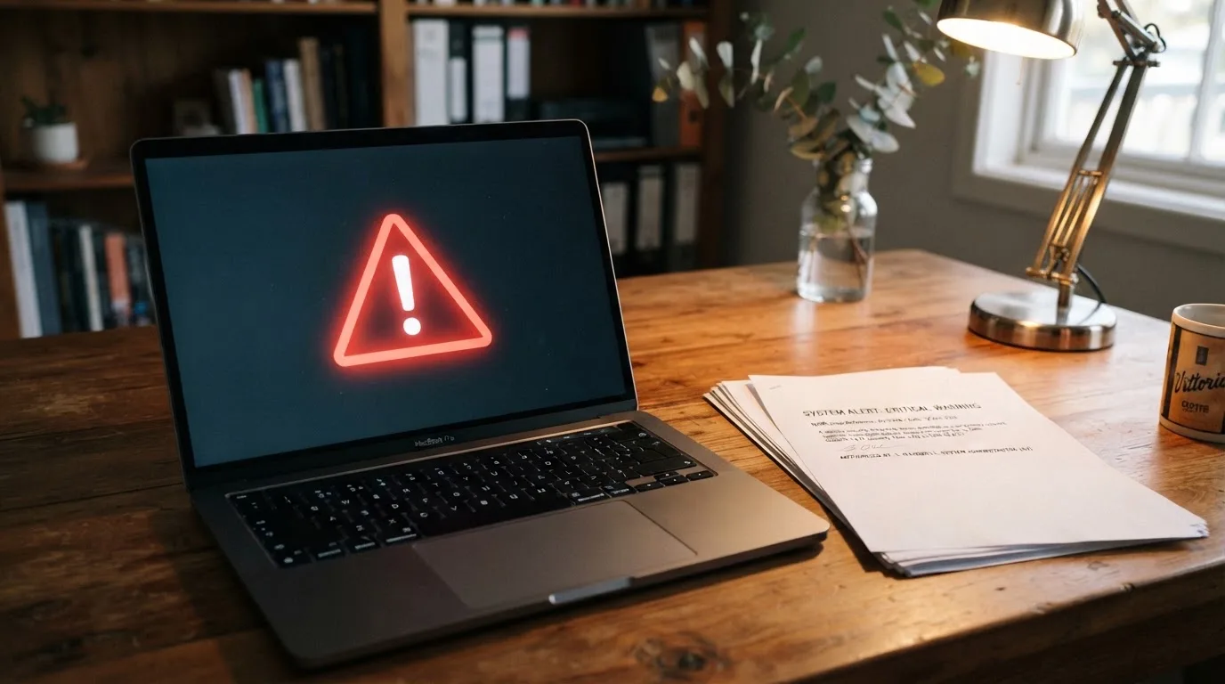 A red triangular warning sign icon on a laptop screen next to a stack of legal papers, symbolising an official caution rather than any specific website.
