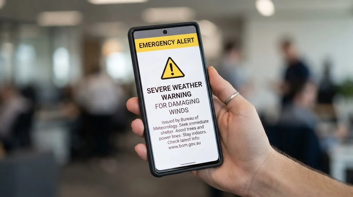 A smartphone screen showing a plain government warning notice about a blocked website, held against a blurred background.