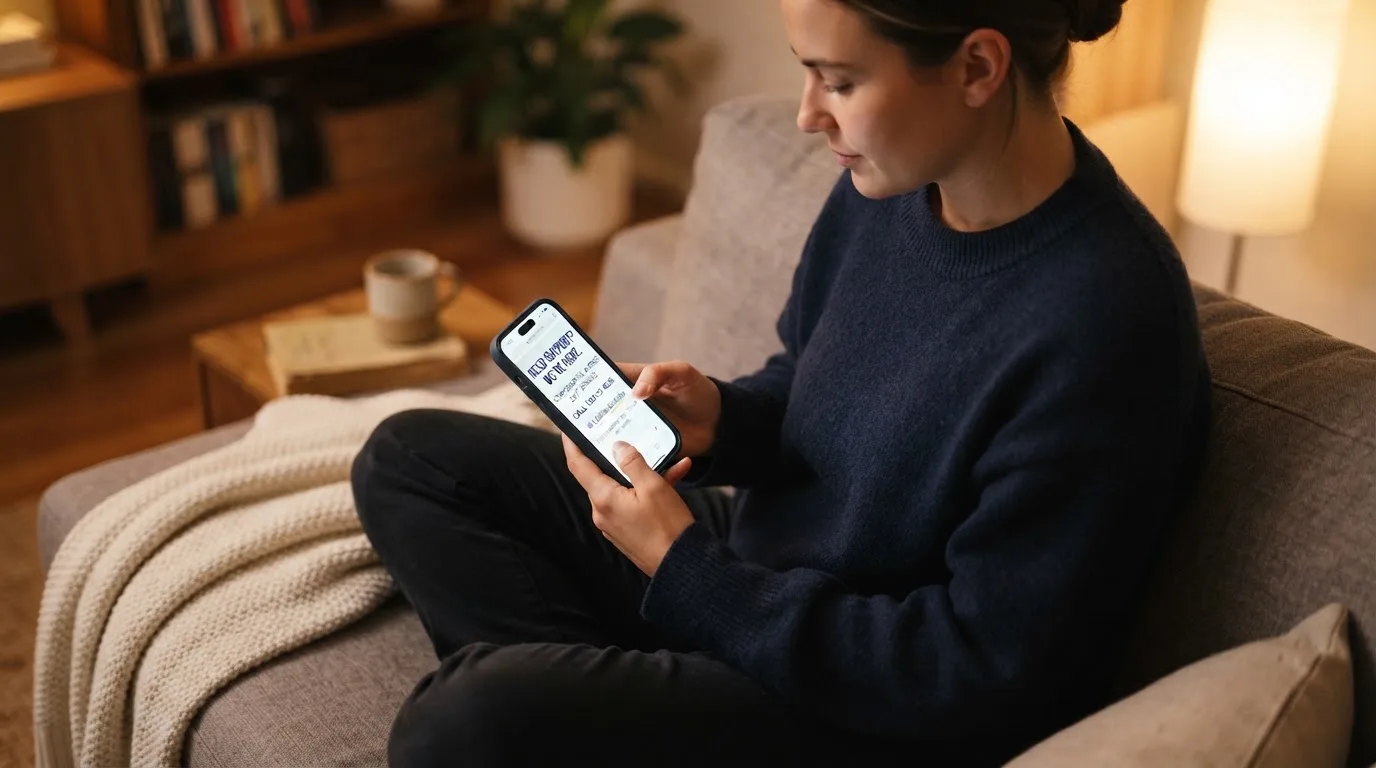 A person sitting calmly with a phone open to a support helpline page, no gaming screen visible.